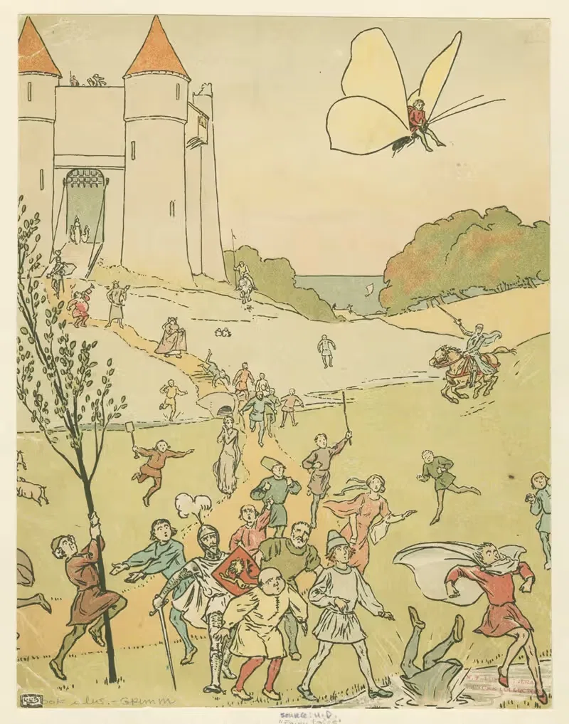 Tom Thumb hitches a ride on a butterfly — Leonard Leslie Brooke