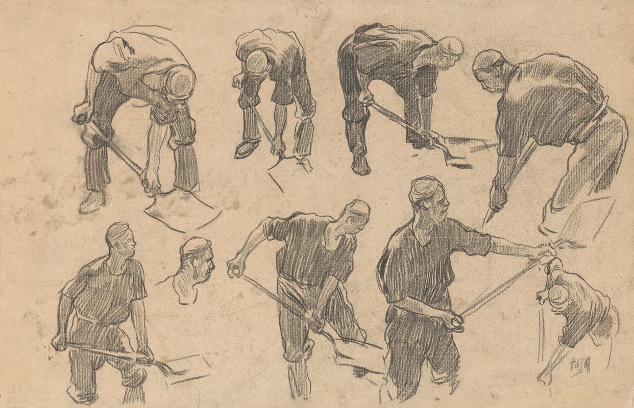 Studieblad met schetsen van een spittende arbeider — Питер Йосселин де Йонг