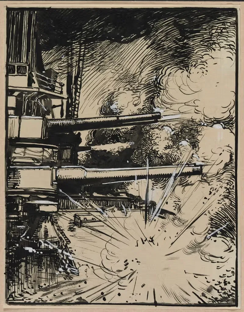 Bombe explosant sur un cuirasse aux canons braques — Auguste Louis Lepère