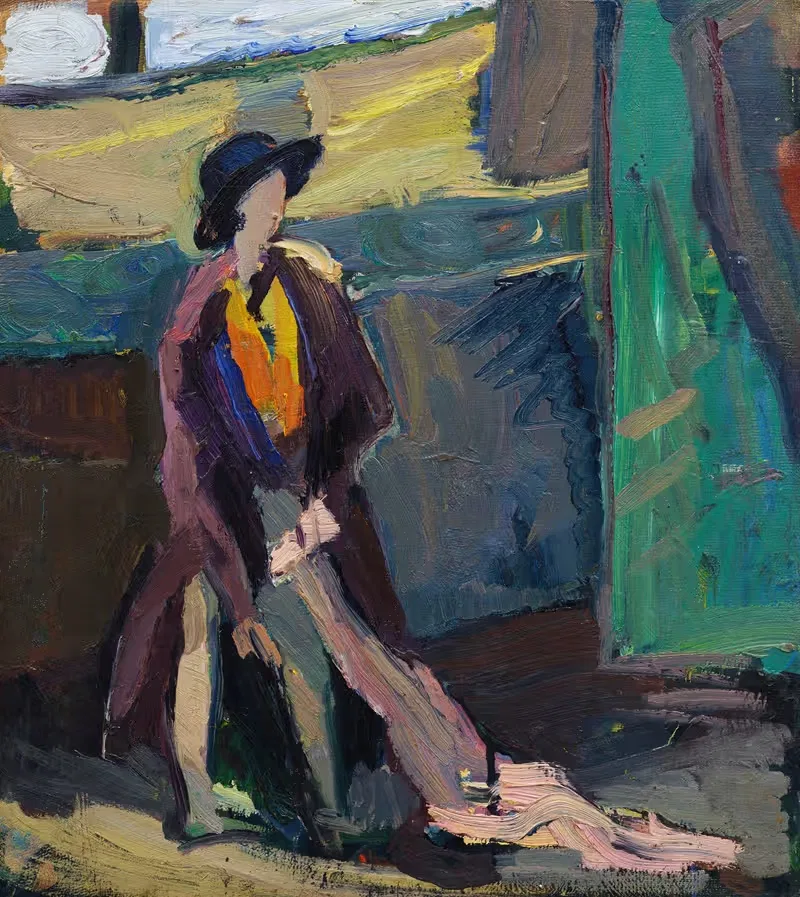 Mädchen mit Pelz auf grünem Grund — Hermann Stenner