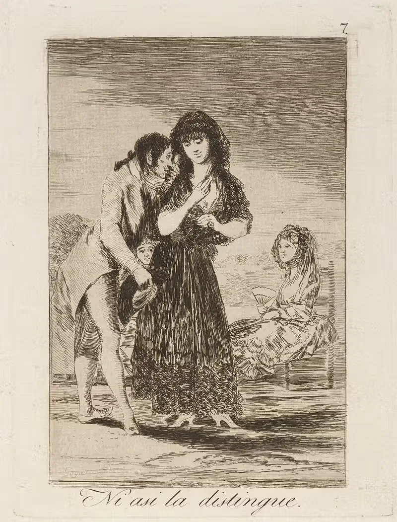 Ni asi la distingue. (Even thus he cannot make her out.) — Francisco de Goya