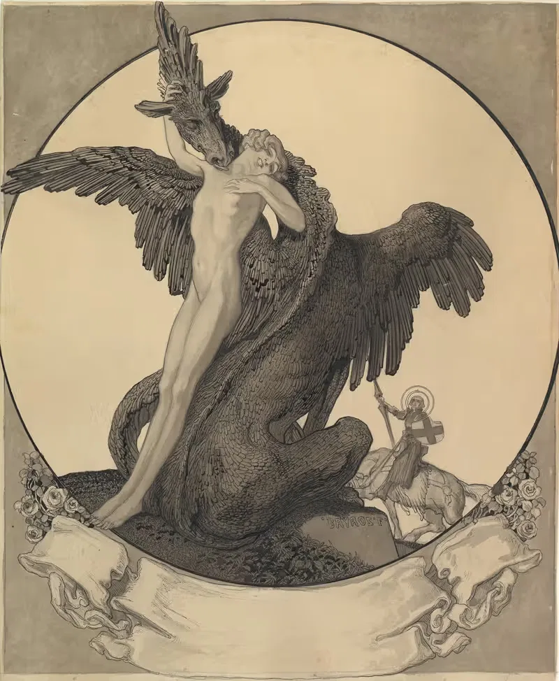 Study for a Bookplate with St. George Rescuing a Maiden from a Dragon — Franz von Bayros