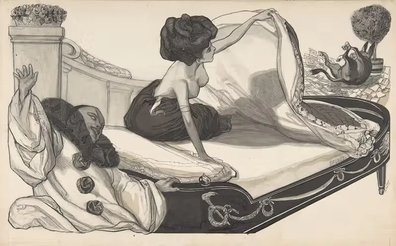 Woman in Bed Observing a Donkey — Franz von Bayros