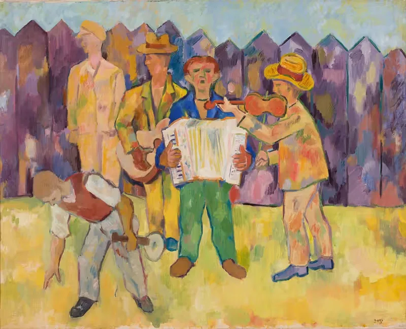 Musicians beside a violet fence — Marek Włodarski
