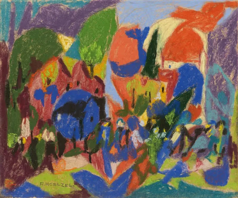 Ohne Titel (Bergdorf mit Figurengruppe) — Adolf Hölzel