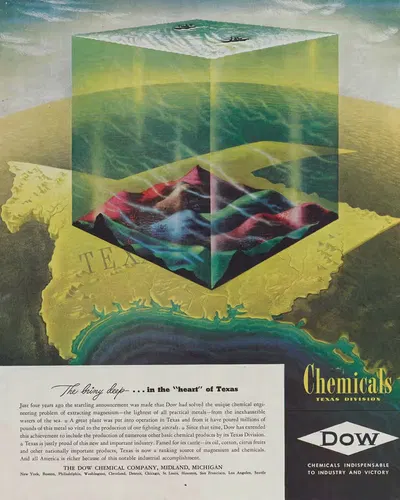 Соленая глубина... в "Сердце" Техаса Реклама для Dow Chemicals Техасское отделение by Даун Кемикал Компани, 1945 — digital…