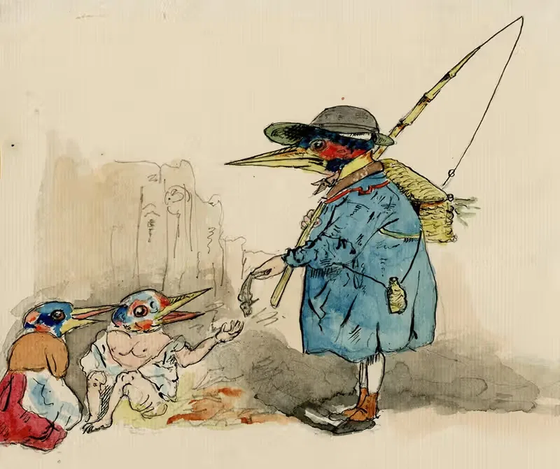 Bird brings a fish to his off-spring. Satirical print — Floris Verster