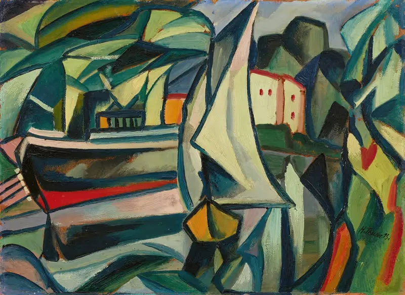 Segelboot und Schiff in grüner Flusslandschaft — Hans Thuar