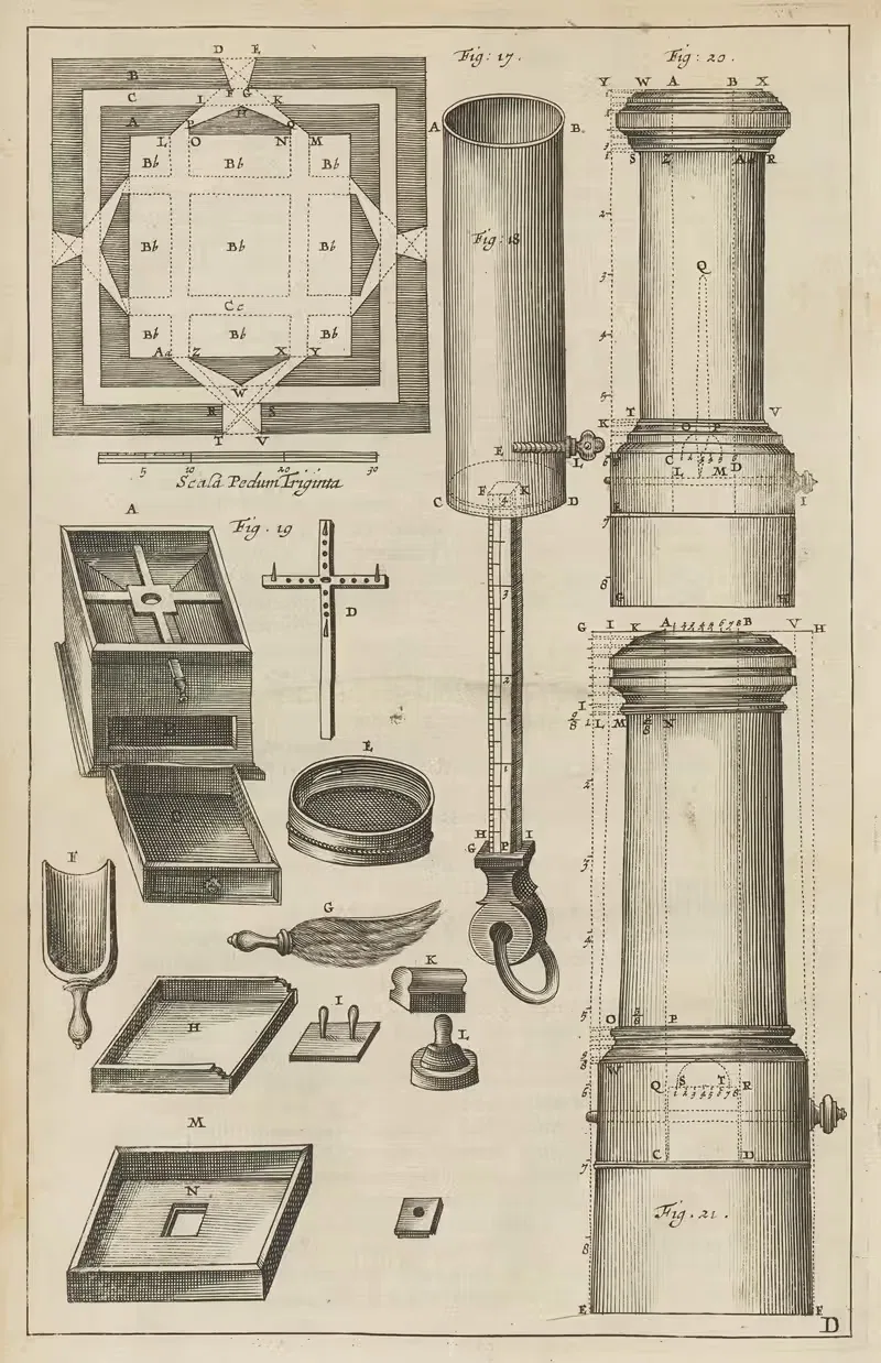 Plate D: Powder magazine: powder instruments: rocket molds — Jacob van Meurs