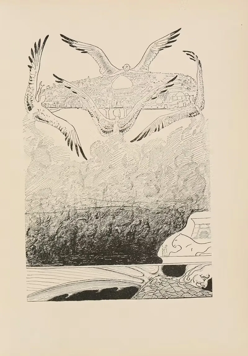 Four gull-winged Djinns lifting up Suleiman-bin-Daoud's palace — Rudyard Kipling