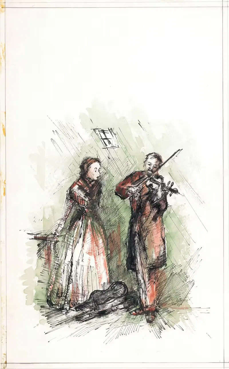 Женщина и играющий на скрипке мужчина by Аноним, 1969 — digital art print download