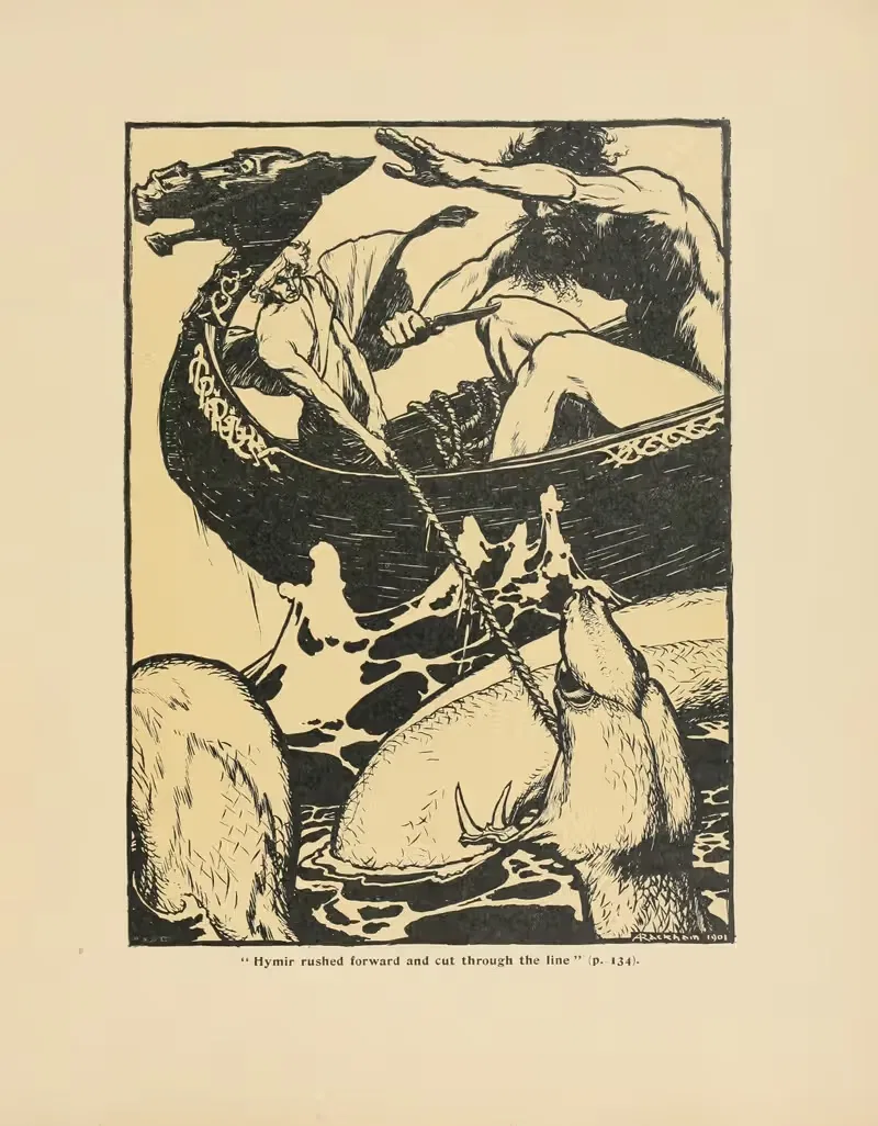 'Hymir rushed forward and cut through the line' — Arthur Rackham