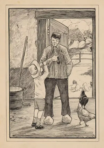 Jongen klampt zich vast aan een boer by Nelly Spoor, 1912 — digital art print download