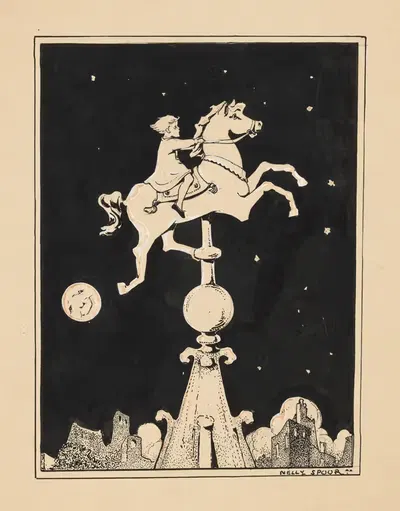Meisje berijdt een paard op een torenspits by Nelly Spoor, 1895 - 1950 — digital art print download