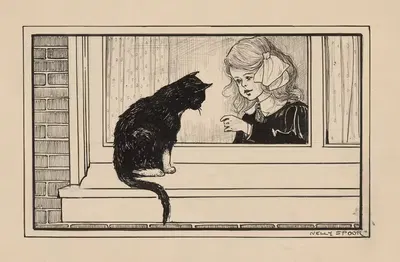 Meisje kijkt naar een kat in een vensterbank by Nelly Spoor, 1911 — digital art print download