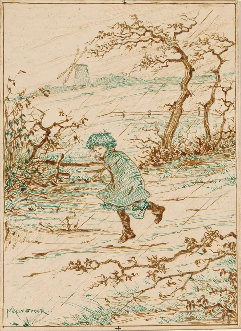 Meisje lopend in de regen en wind — Nelly Spoor