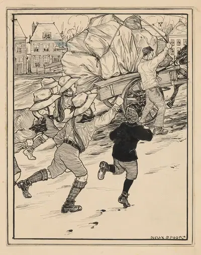 Scouts rennend achter een bepakte paardenkar by Nelly Spoor, 1917 — digital art print download