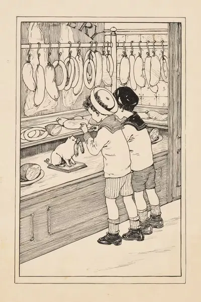 Twee jongens voor de etalage van een slagerij by Nelly Spoor, 1895 - 1950 — digital art print download