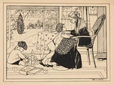 Twee kinderen en een oude vrouw in een interieur by Nelly Spoor, 1895 - 1950 — digital art print download