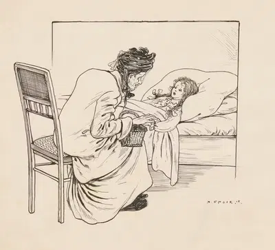 Vrouw bij het ziekbed van een meisje by Nelly Spoor, 1916 — digital art print download