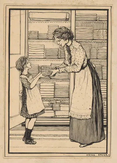 Vrouw reikt een meisje een stapel lakens aan by Nelly Spoor, 1895 - 1950 — digital art print download