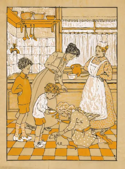 Vrouwen en kinderen met een puppy in een keuken by Nelly Spoor, 1916 — digital art print download