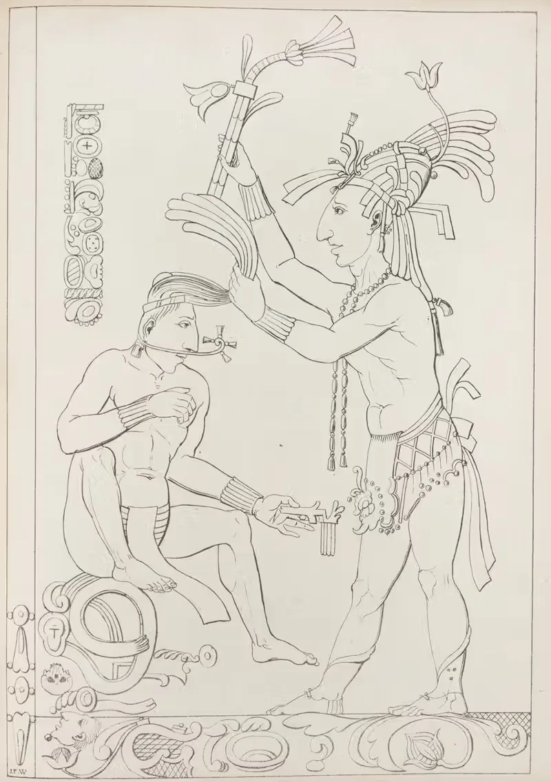 Two figures, one seated and one standing, with tools and decorative elements by Antonio del Río, 1822 — digital art print…