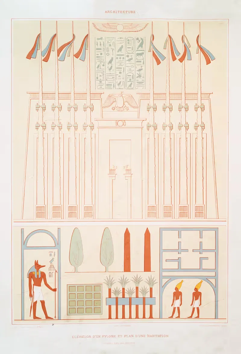 Architecture; élévation d'un pylone et plan d'une habitation, d'après le bas-reliefs — Émile Prisse d'Avennes