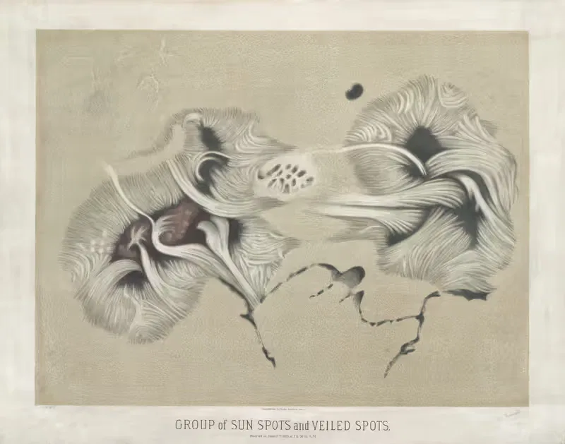 Group of sun spots and veiled spots — Étienne Léopold Trouvelot