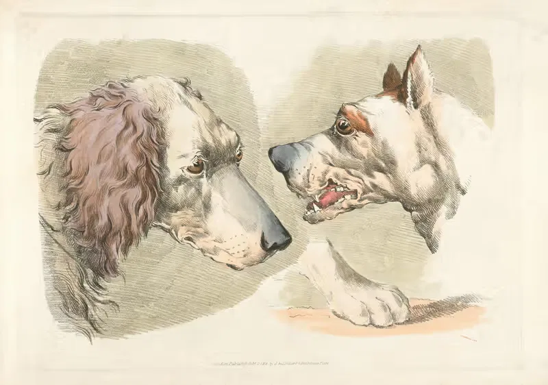 Two dogs' heads and a paw. — Henry Thomas Alken