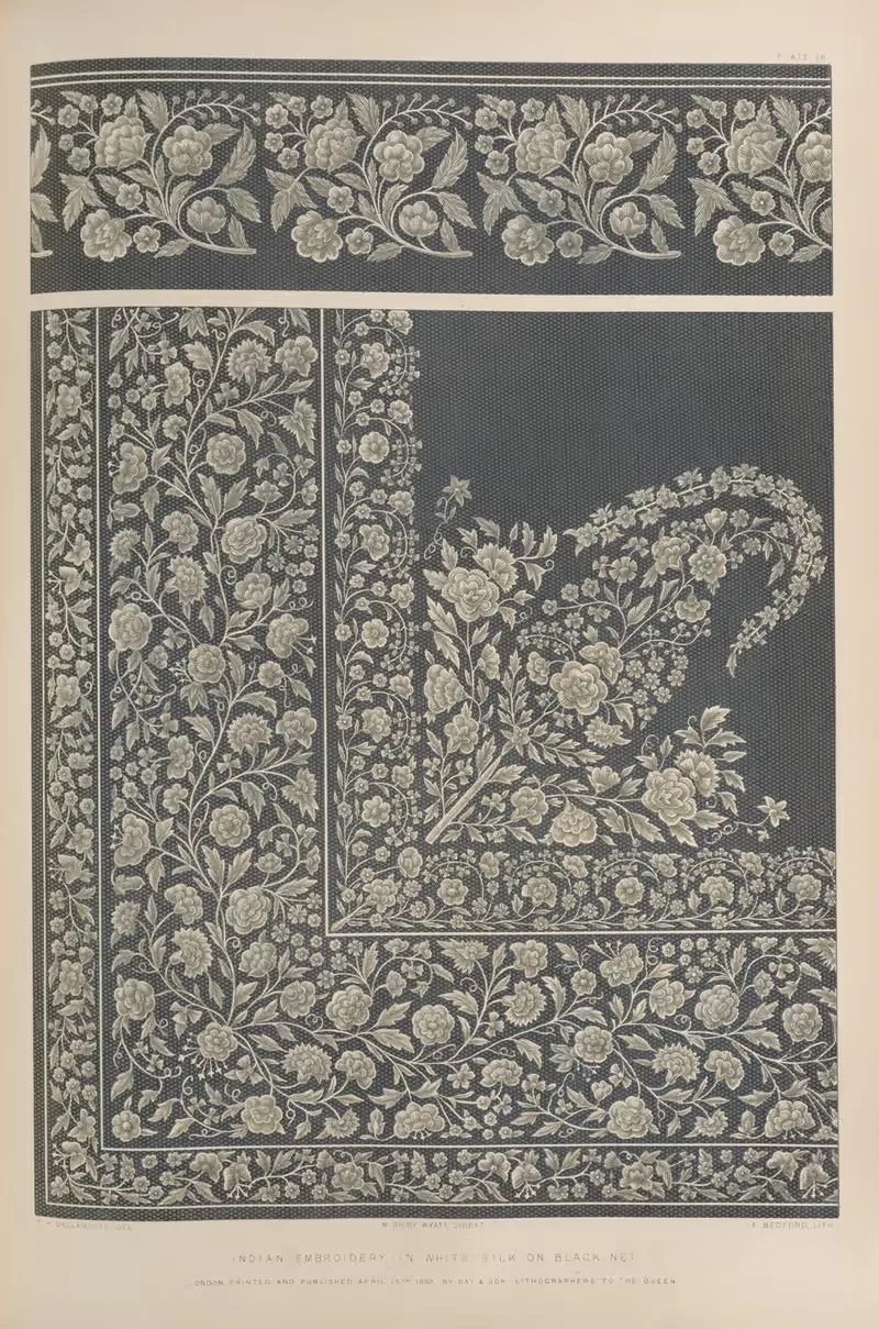 Indian embroidery in white silk on black net. — Matthew Digby Wyatt