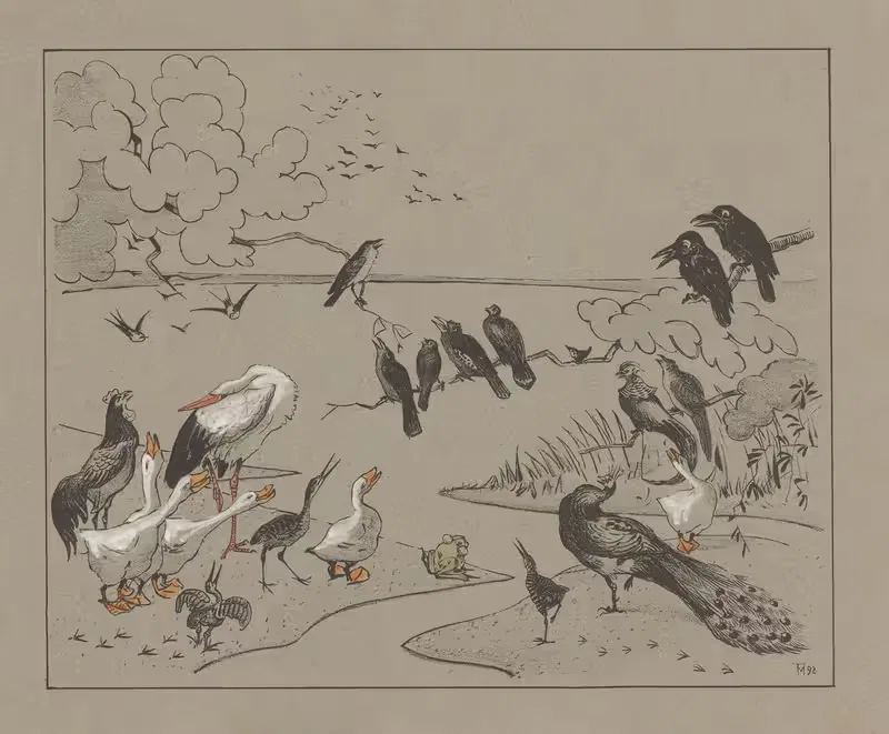 Groep diverse vogels en een kikker. — Theo van Hoytema