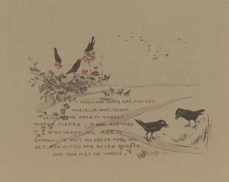 Tekstblad met kraaien die rode bessen eten — Theo van Hoytema