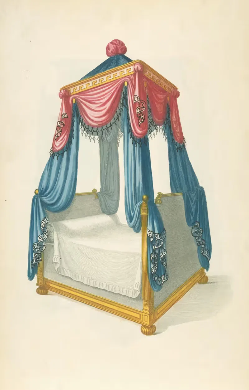 Кровать с синей и красной драпировкой by Томас Шератон, 1805 - 1806 — digital art print download