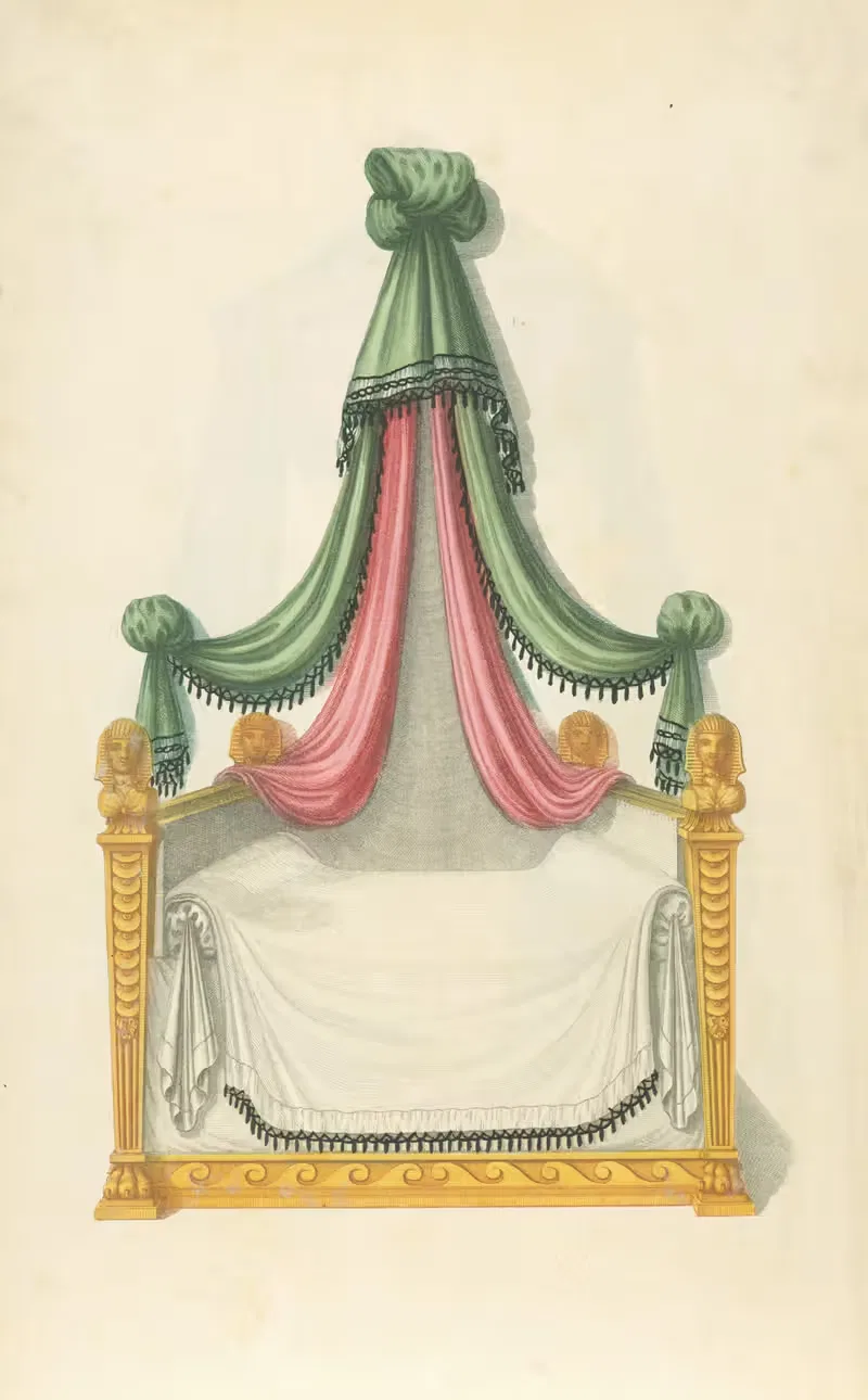 Кровать с зеленой и розовой драпировкой by Томас Шератон, 1805 - 1806 — digital art print download