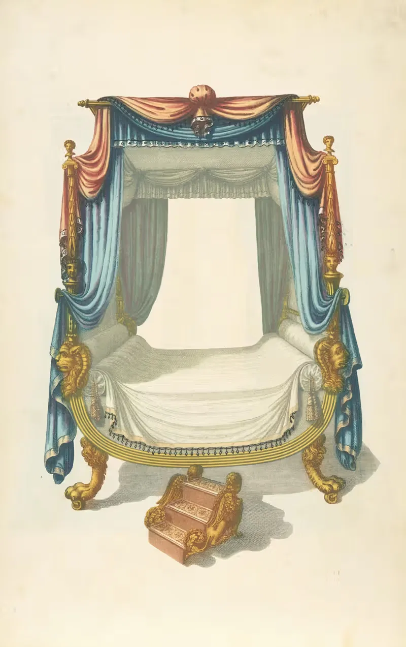 Кровать с балдахином с синей и оранжевой драпировкой by Томас Шератон, 1805 - 1806 — digital art print download