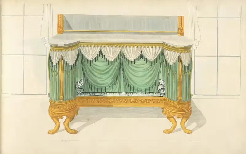 Commode or sideboard with green drapery. by Thomas Sheraton, 1805 - 1806 — digital art print download