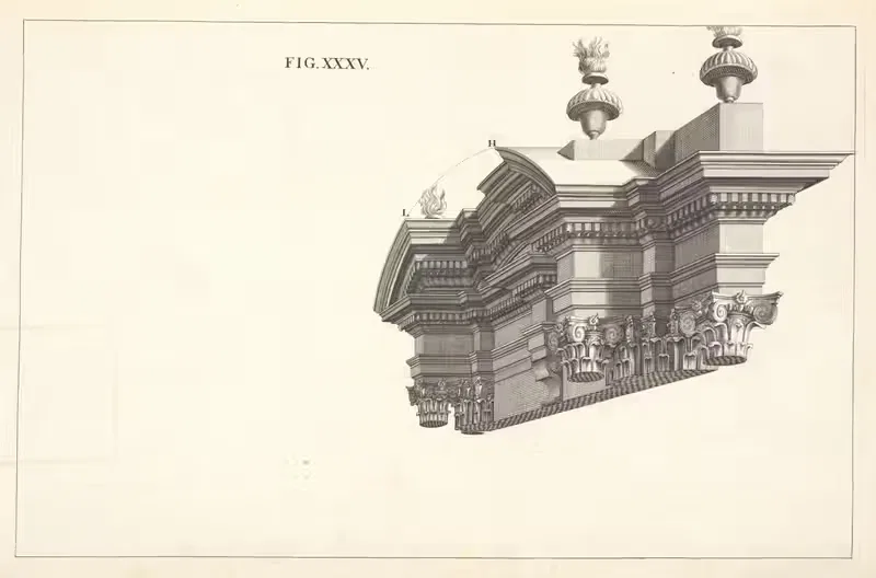 A side-view of the composite cornice, in perspective. — Andrea Pozzo