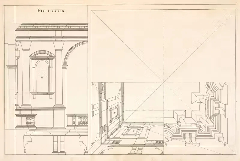 An horizontal projection of architecture in a square ceiling — Andrea Pozzo
