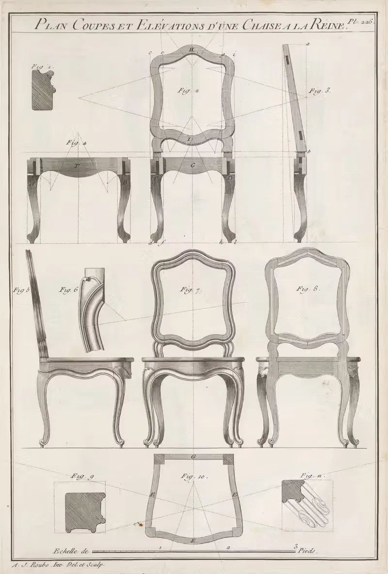 Plan coupes elévations d'une chaise a la reine. by André Jacob Roubo, 1769-1774 — digital art print download