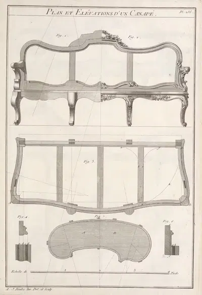 Plan et elévations d'un canapé. by André Jacob Roubo, 1769-1774 — digital art print download