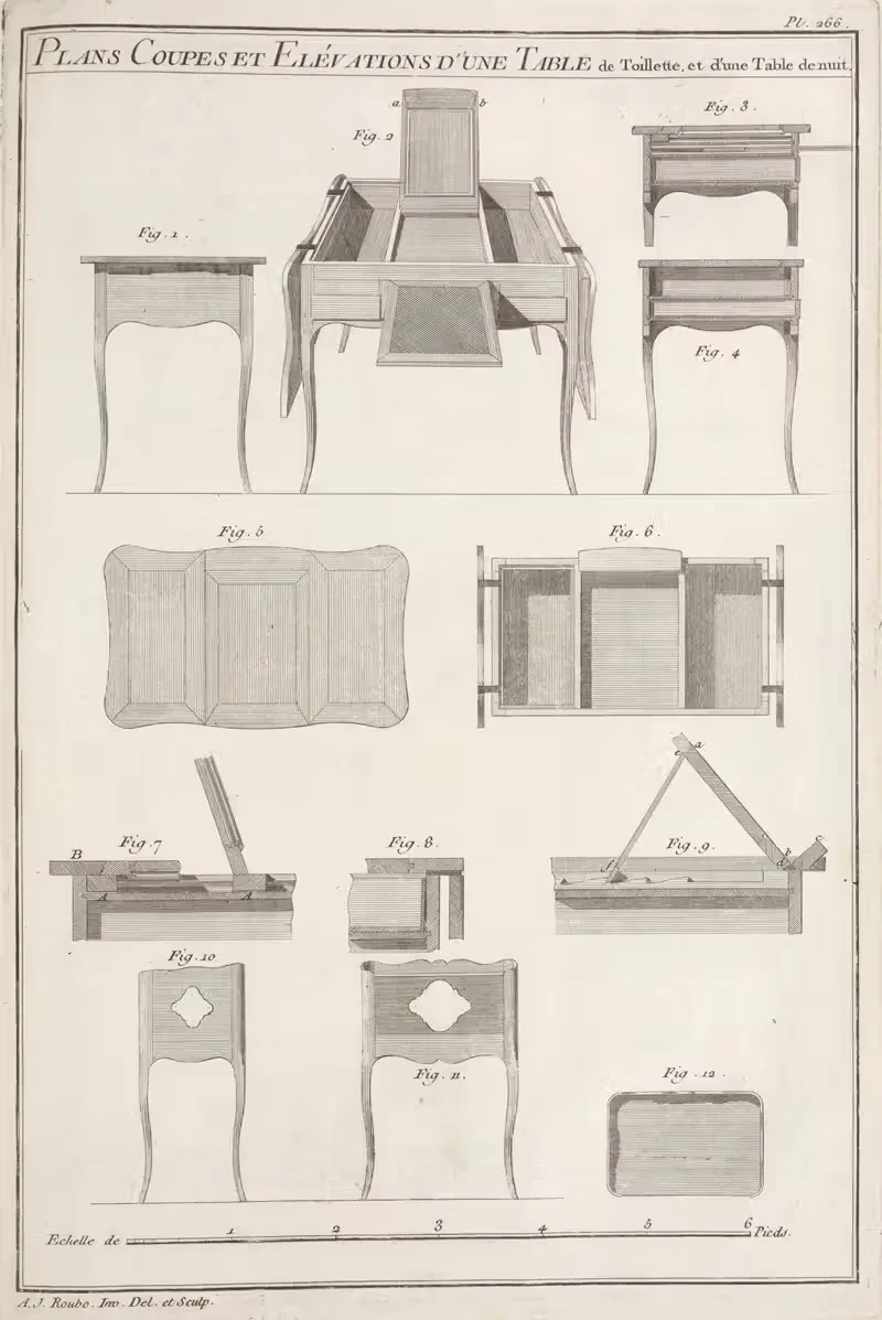 Планы сечений и elevations туалетного столика и ночного столика. by Андре Жак Рубо, 1769-1774 — digital art print download