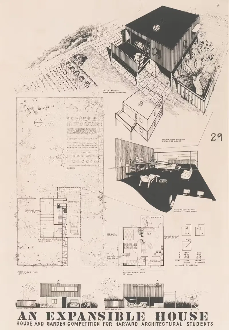 Expansible house, Plans, elevations, and perspectives by Victor Alfred Lundy, 1945-1948 — digital art print download