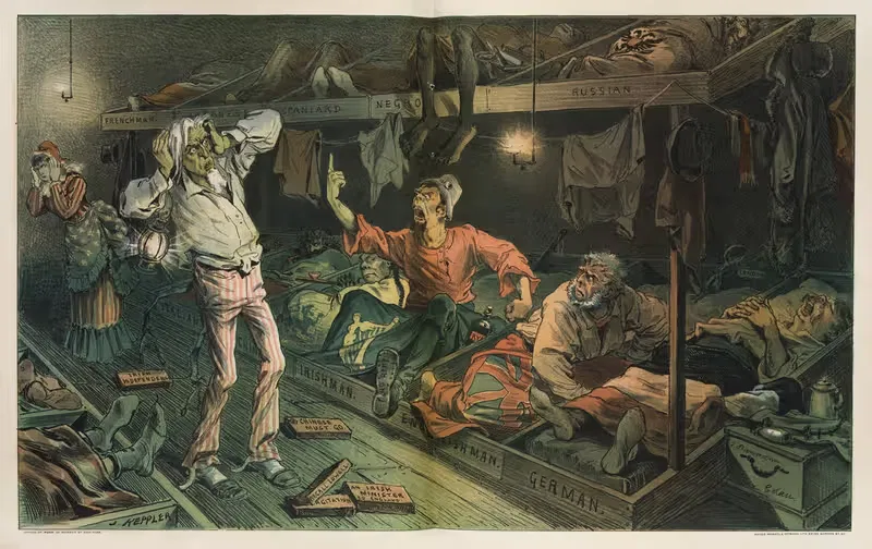 Uncle Sam's lodging-house by Joseph Ferdinand Keppler, 1882 — digital art print download