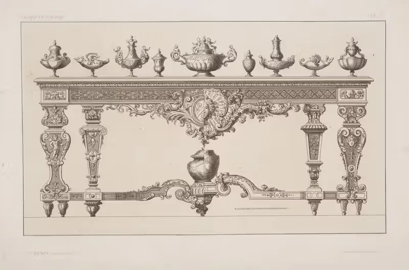 Combined designs for a table, and nine designs for urns. — André-Charles Boulle