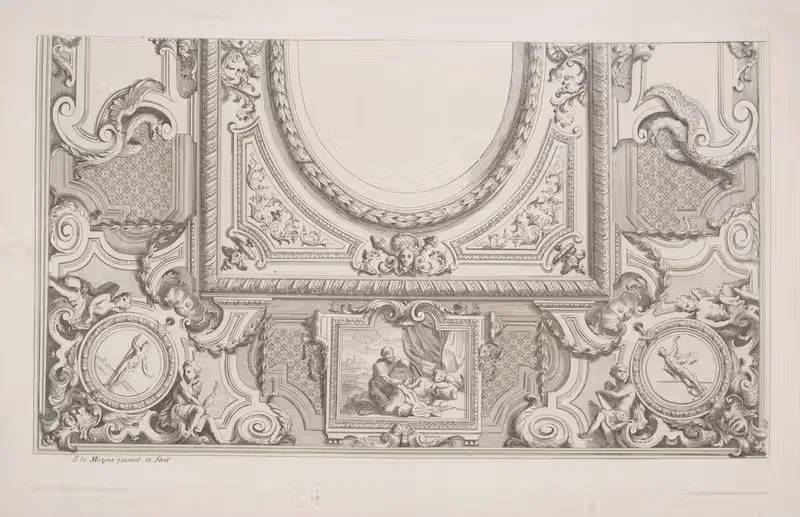 Design for half a ceiling decoration featuring panel with satyr and sleeping woman. — André-Charles Boulle