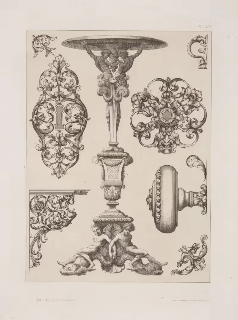Designs for keyholes, doorknobs, pedestal. — André-Charles Boulle