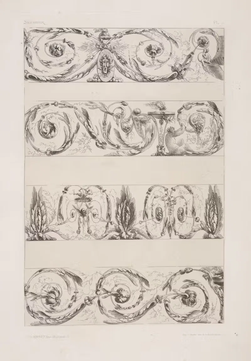 Four horizontal designs with vegetal shapes and figures — André-Charles Boulle