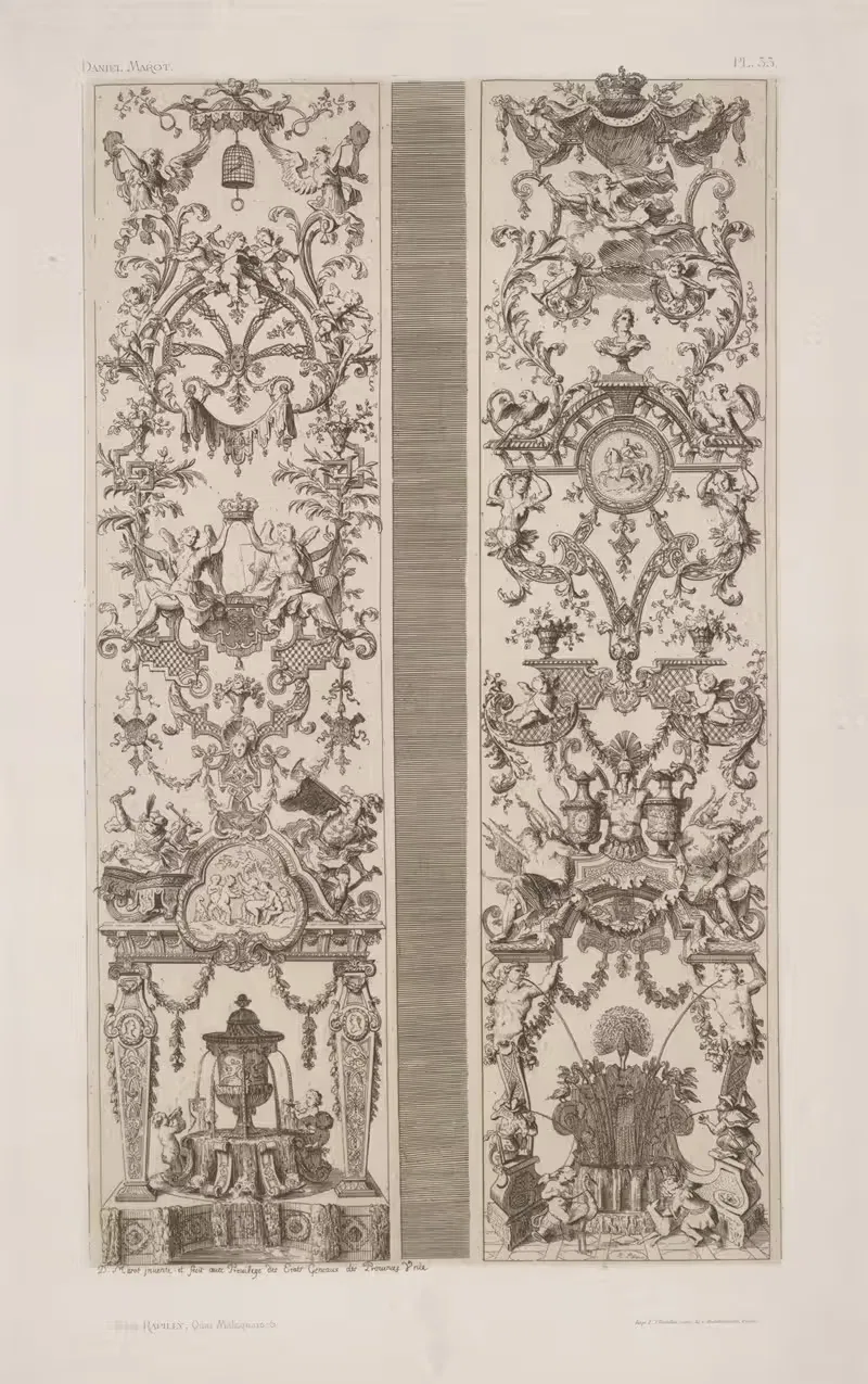 Two designs, each with small fountain at the base — André-Charles Boulle