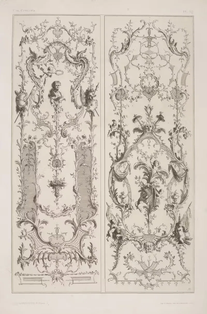 Two vertical designs featuring cherub crowning a bust portrait with wreath — André-Charles Boulle